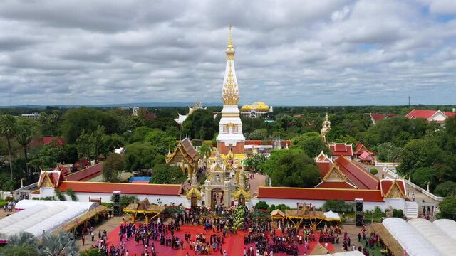 Aerial view: Wat Phra That Phanom Buddhism Temple. Nakhon phanom Thailand. This structure contains The Buddha's breast bone, High 53.6m Top Adorned with Gold 110kg Popular destination for tourist.