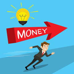 Businessman going in the red arrow direction to money, illustration vector cartoon