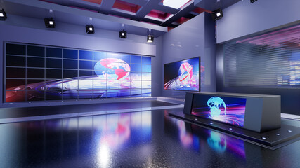
News Studio, Backdrop For TV Shows .TV On Wall.3D Virtual News Studio Background, 3d illustration

