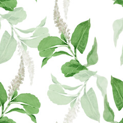 seamless watercolor floral pattern with green leaves and white wild plant flower on white background