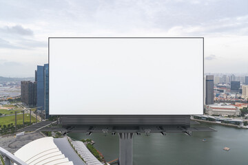 Fototapeta na wymiar Blank white road billboard with Singapore cityscape background at day time. Street advertising poster, mock up, 3D rendering. Front view. The concept of marketing communication to promote.