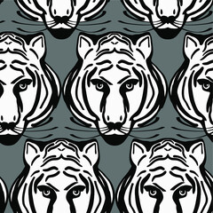Obraz premium Abstract Hand Drawing Tribal Tiger Heads Repeating Vector Pattern Isolated Background