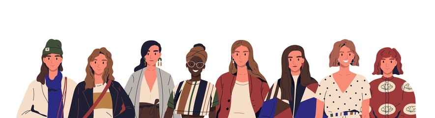 Group of stylish young women in trendy clothes. Multinational female fashionable characters together. Concept of diversity, sisterhood. Flat vector cartoon illustration isolated on white