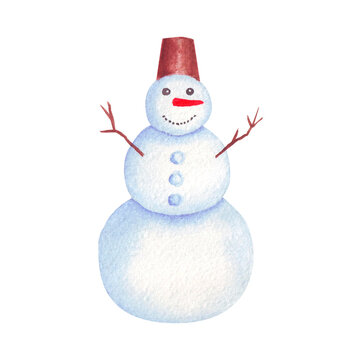 Alone Snowman with bucket on his head Watercolor illustration
