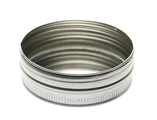 Empty air rifle pellets container, round metal box packaging isolated on white background