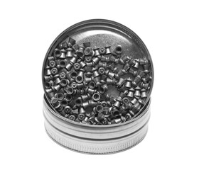 Air rifle lead pellets, ammo with metal container, box packaging isolated on white background 