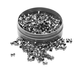 Air rifle lead pellets, ammo with metal container, box packaging isolated on white background 