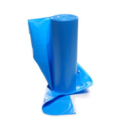 Blue plastic garbage bag roll isolated on white background