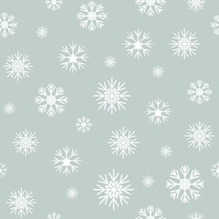 White snowflakes on a light blue background. Seamless pattern. New Year, holidays, Christmas. Winter background. Isolated vector illustration.