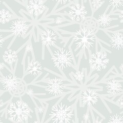 White snowflakes on a light blue background. Seamless pattern. New Year, holidays, Christmas. Winter background. Isolated vector illustration.