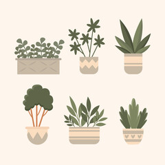 Set of plants in pots on shelves. Graphic elements for greeting cards, posters, invitations. Vector illustration.	