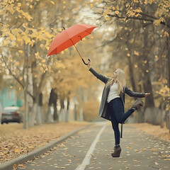 girl with a red umbrella, flying on an umbrella, jumping and having fun in a yellow autumn landscape