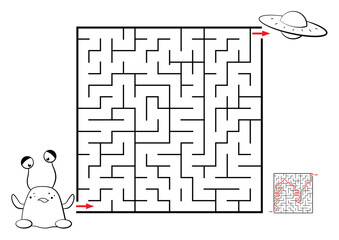 A maze, logic game to color. An alien must go through a maze to reach her spaceship