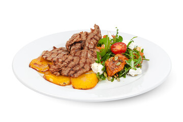 Grilled beef slices with fried potatoes on white background