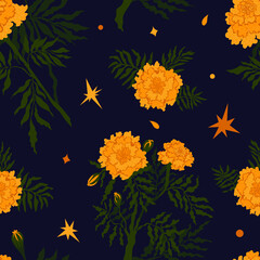 Autumnal celebration floral pattern with bright marigolds and confetti on dark blue background