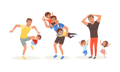Exhausted Dad and Hyperactive Child Claiming Attention Vector Illustration Set