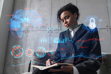 Businesswoman taking notes and business drawings hologram. Double exposure. Education technology solution concept.