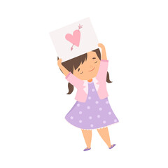Little Girl Showing Paper with Pictured Heart Vector Illustration