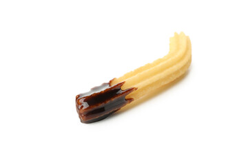 Tasty churros with chocolate sauce isolated on white background