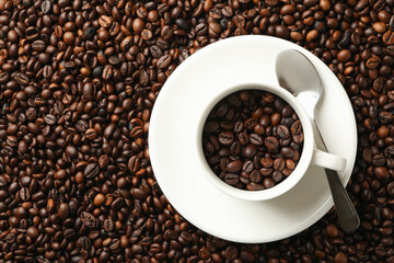 White cup on coffee beans background, space for text
