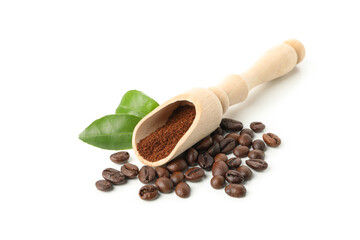 Wooden scoop with ground coffee isolated on white background