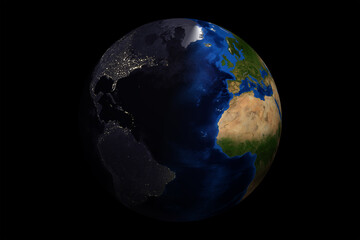 Earth, day and night lights. Change of night and day. Morning in Europe - night in America. Map for Earth 3d reconstruction is used from NASA site. 3d illustration. © Aliaksandr Kisel