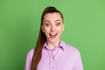 Photo of astonished crazy girl impressed wonderful bargain novelty wear good look clothes isolated over green color background