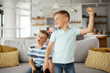 Obraz premium Happy brothers playing video games. Young brothers having fun while playing video games in living room