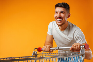 Funny crazy man rushing with shopping trolley to sale