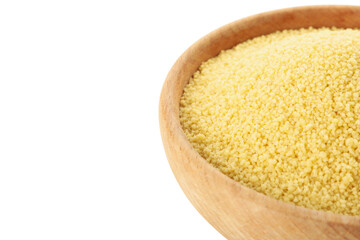 Bowl with raw couscous isolated on white background