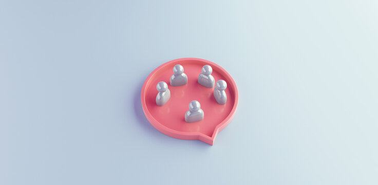 People stand in a speech bubble shape. Cooperation and collaboration, Taking part in the discussion dialogue. 3d render.