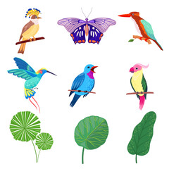 Tropical Leaves, Birds and Butterflies as Exotic Flora and Fauna Vector Set