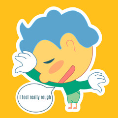 upset emoji with headache feeling bad or sick and man holding his head in pain, simplistic facial expression vector illustration, simple emoticon, funny cartoon character