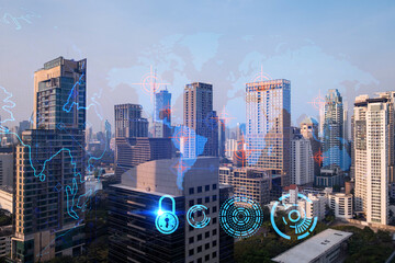 Glowing hologram of Earth planet map on aerial panoramic cityscape of Bangkok at sunset, Asia. The concept of international business. Multi Exposure.