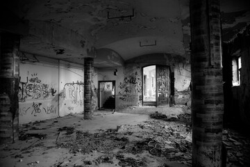 Recibidor interior con gran entrada de madera y columnas redondas