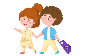 Traveling cartoon romantic couple of tourists - boy and girl walking, kids travel or vacation clipart, characters with trip suitcase - isolated elements on white background vector