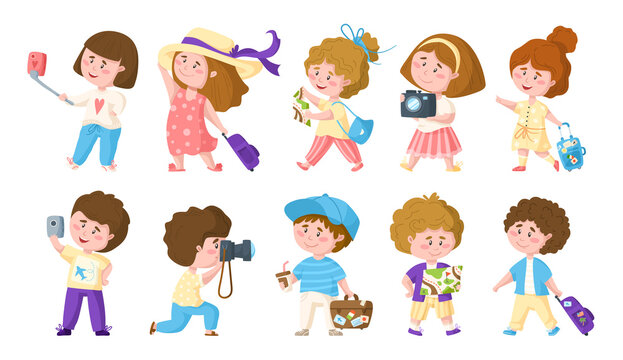 Traveling cartoon cute boys and girls, kids travel or vacation clipart bundle, characters with trip suitcase, camera, mobile phone, map, sun hat, coffee - isolated elements on white background vector