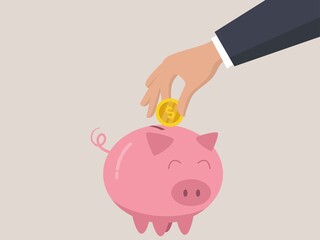 Hand giving coin to piggy bank classic. Vector cartoon illustration