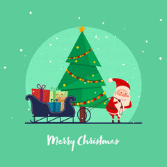 Illustration of Santa Claus Holding Rope of Gifts Sleigh and Decorative Xmas Tree on Green Grain Effect Background for Merry Christmas.