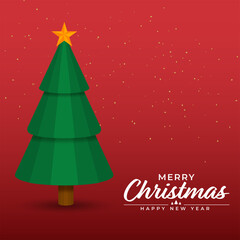 Merry Christmas & Happy New Year Poster Design with Paper Cut Xmas Tree and Golden Confetti on Red Background.