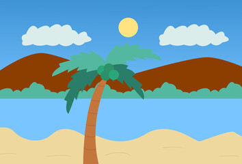 Vector Illustration Beach, Mountain, And Coconut Trees On the Beach