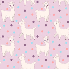 Cute cartoon white alpaca with pink background and colorful dots. Seamless pattern for print, design, wallpaper, texture