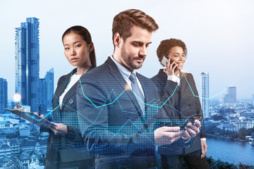 Group of business colleagues in suits as a part of multinational corporate team working on forecasting trading corporate strategy at fund. Forex chart. Bangkok on background. Double exposure