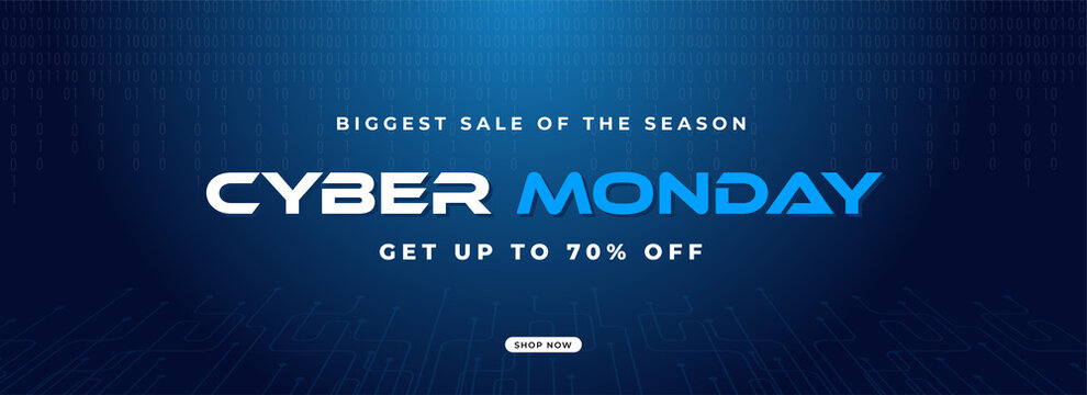 Biggest Sale Of The Season Cyber Monday Header or Banner Design with 70% Discount Offer on Blue Binary Code and Circuit Board Background.