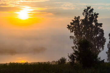 morning fog over the lake. Sunlight through the forest
