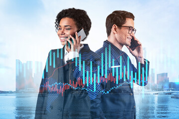 Two colleagues in multinational corporate team pensively processing conference call by phone to solve financial solution for venture capital project. Hologram chart on Singapore background.