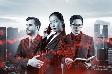 Group of business colleagues working on new venture capital and hi-tech start up and try to...