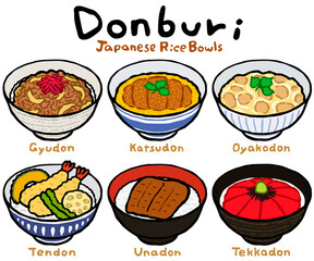 Donburi (Japanese Rice Bowl) Set:Hand drawn vector illustration like woodblock print