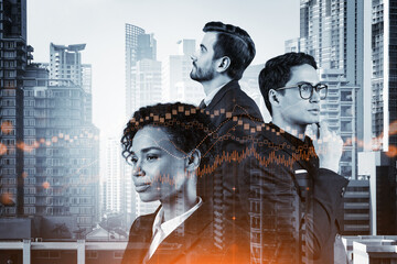 Group of business colleagues in suits as a part of multinational corporate team working on forecasting trading corporate strategy at fund. Forex chart. Bangkok on background. Double exposure