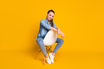 Full size photo of nice girlish youth girl sit chair enjoy rest relax wear good look clothes...